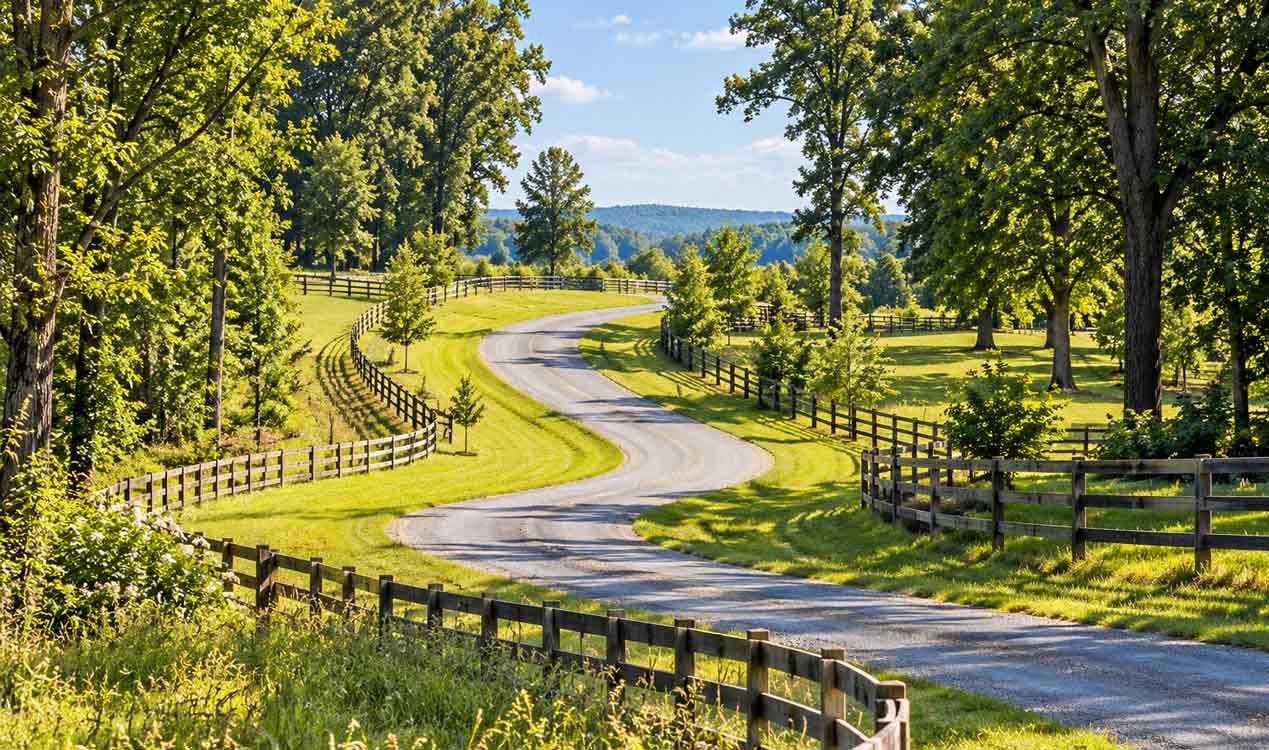Tree-lined driveway through an Albemarle County Virginia horse farm with black board fencing, rolling pasture and Blue Ridge foothill views