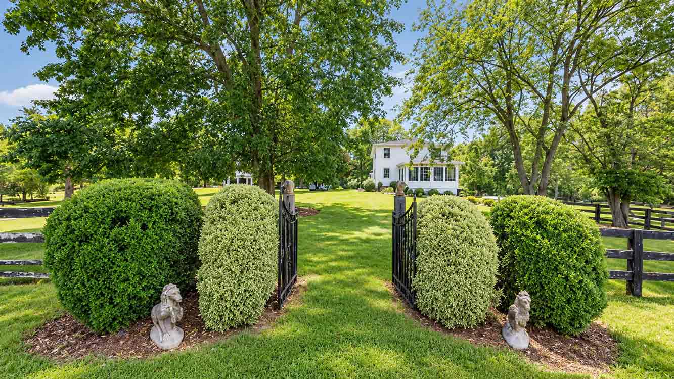 Entrance to a horse farm in Brightwood, Virginia with gated drive, fenced pasture, mature trees, and country home