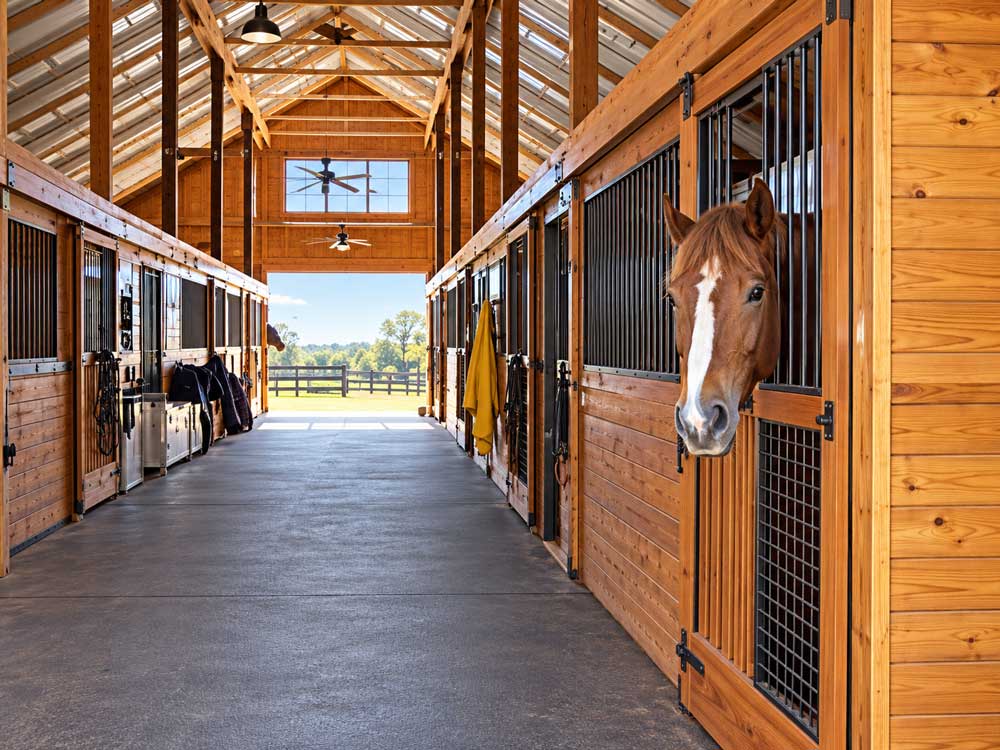 Center-aisle horse barn with wood stalls and a horse looking from its stall on a Central Virginia equestrian property