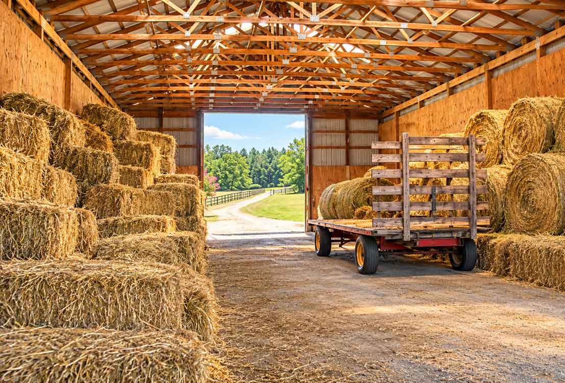 Hay storage barn with stacked square and round bales on a Central Virginia horse farm