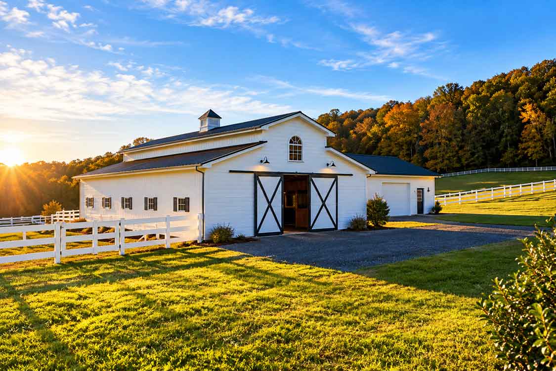 White horse barn with fenced paddocks and pasture on a Central Virginia equestrian property