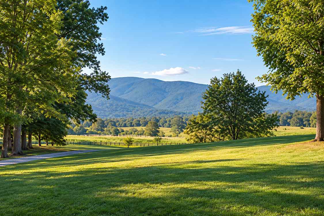 Blue Ridge Mountain view across green lawn and open pasture at a Central Virginia country property