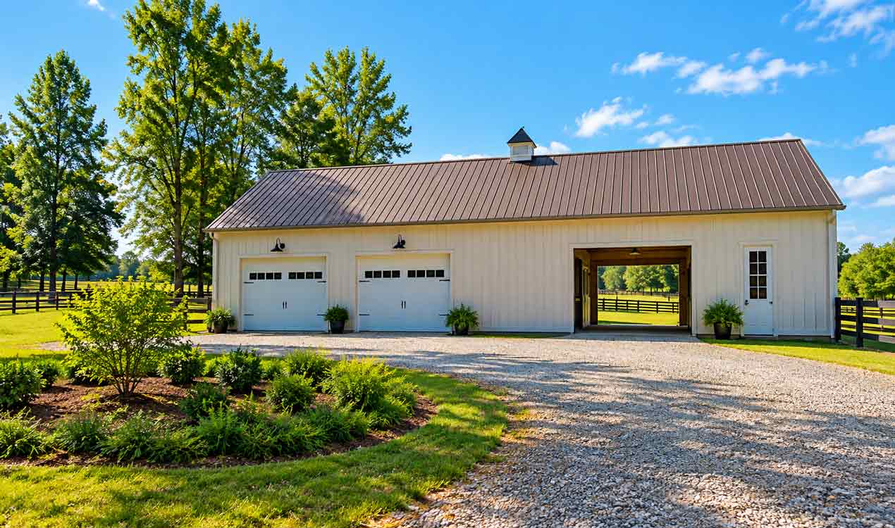 Louisa County horse farm with a well-kept equestrian barn, fenced pastures, mature trees, and a gravel drive in Central Virginia
