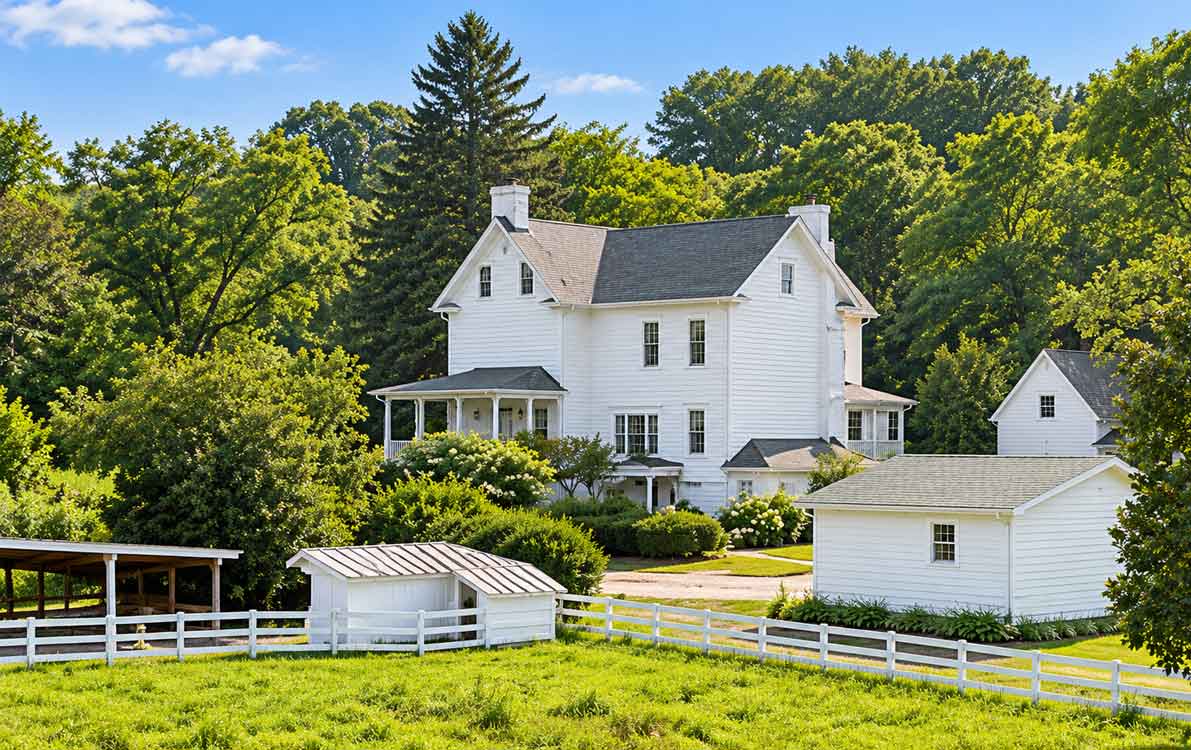 Central Virginia equestrian estate with country home, fenced pasture, barns and mature trees